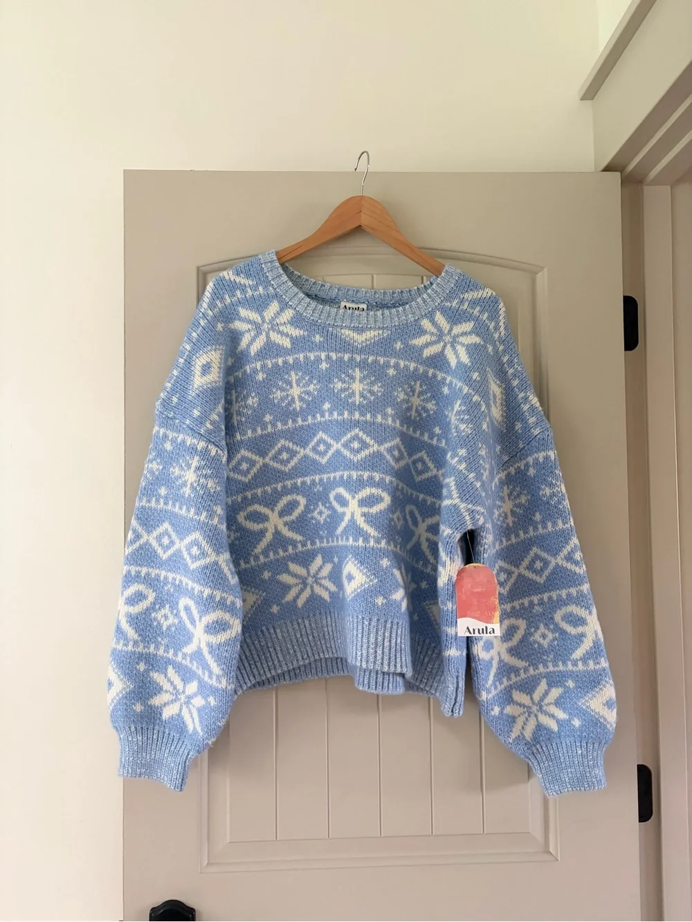 Arula NWT Blue White Bow Snowflake Fair Isle Sweater X / XL Xquisite - Picture 2 of 8